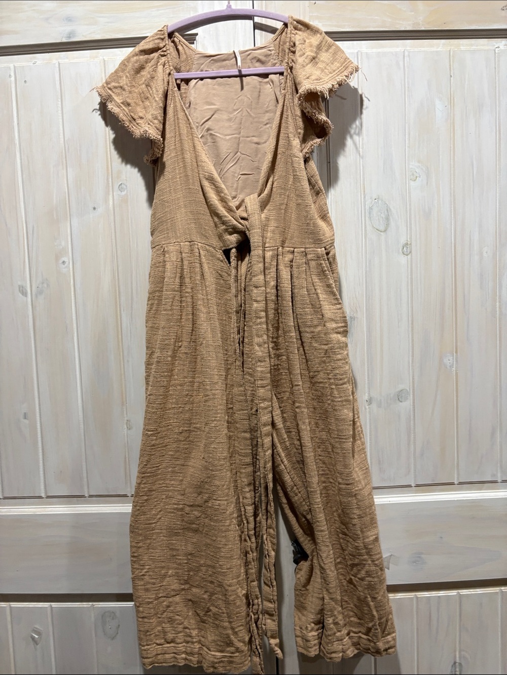 Free People Lightweight Tan Textured Cotton Jumpsuit with Tie Front